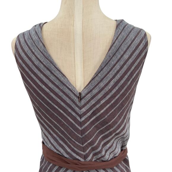 Sundance Allende Bias-cut Belted Dress Striped Linen Brown Gray Petite Size 10P - Picture 9 of 12